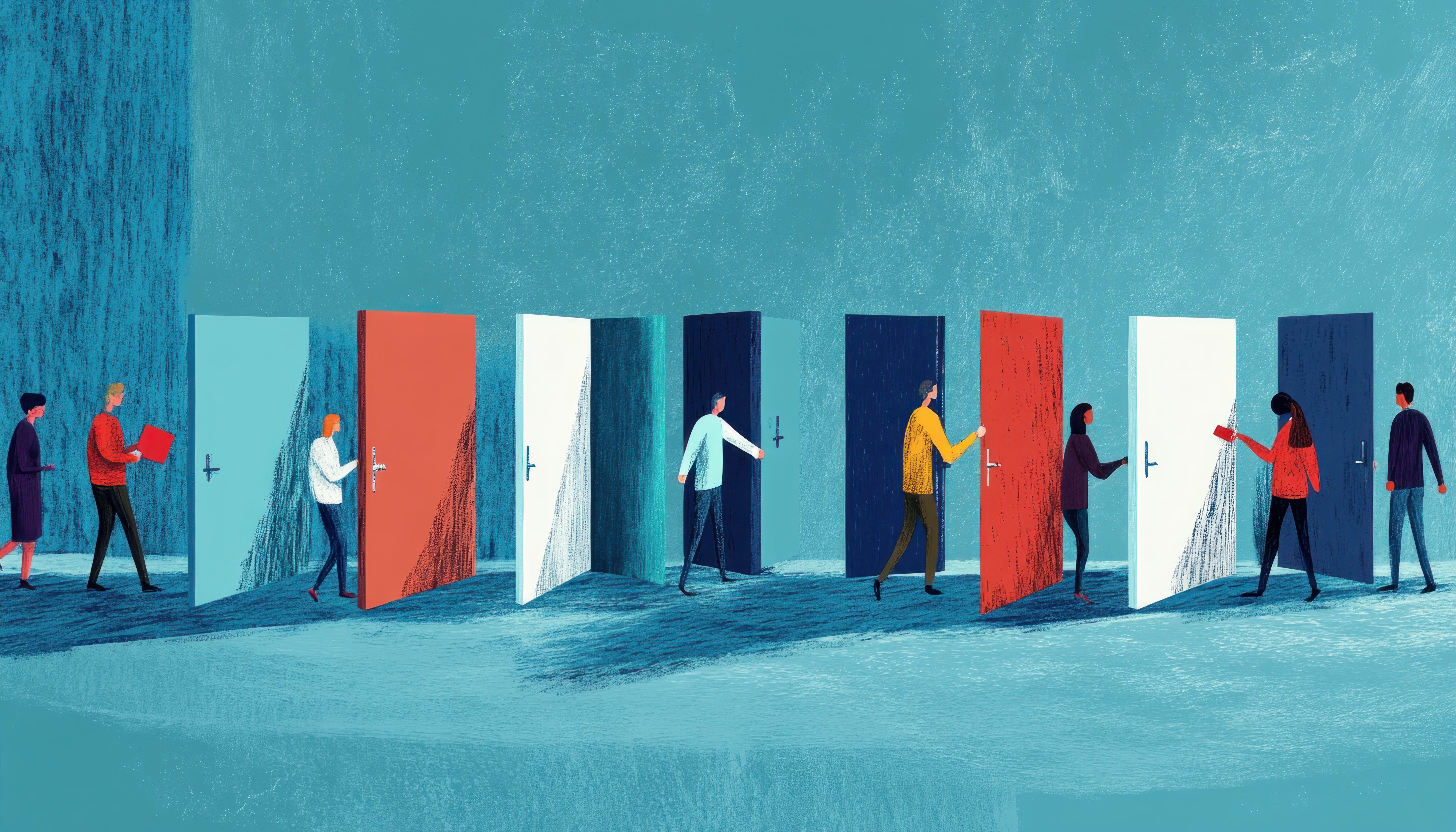 Graphic with many doors and people opening them