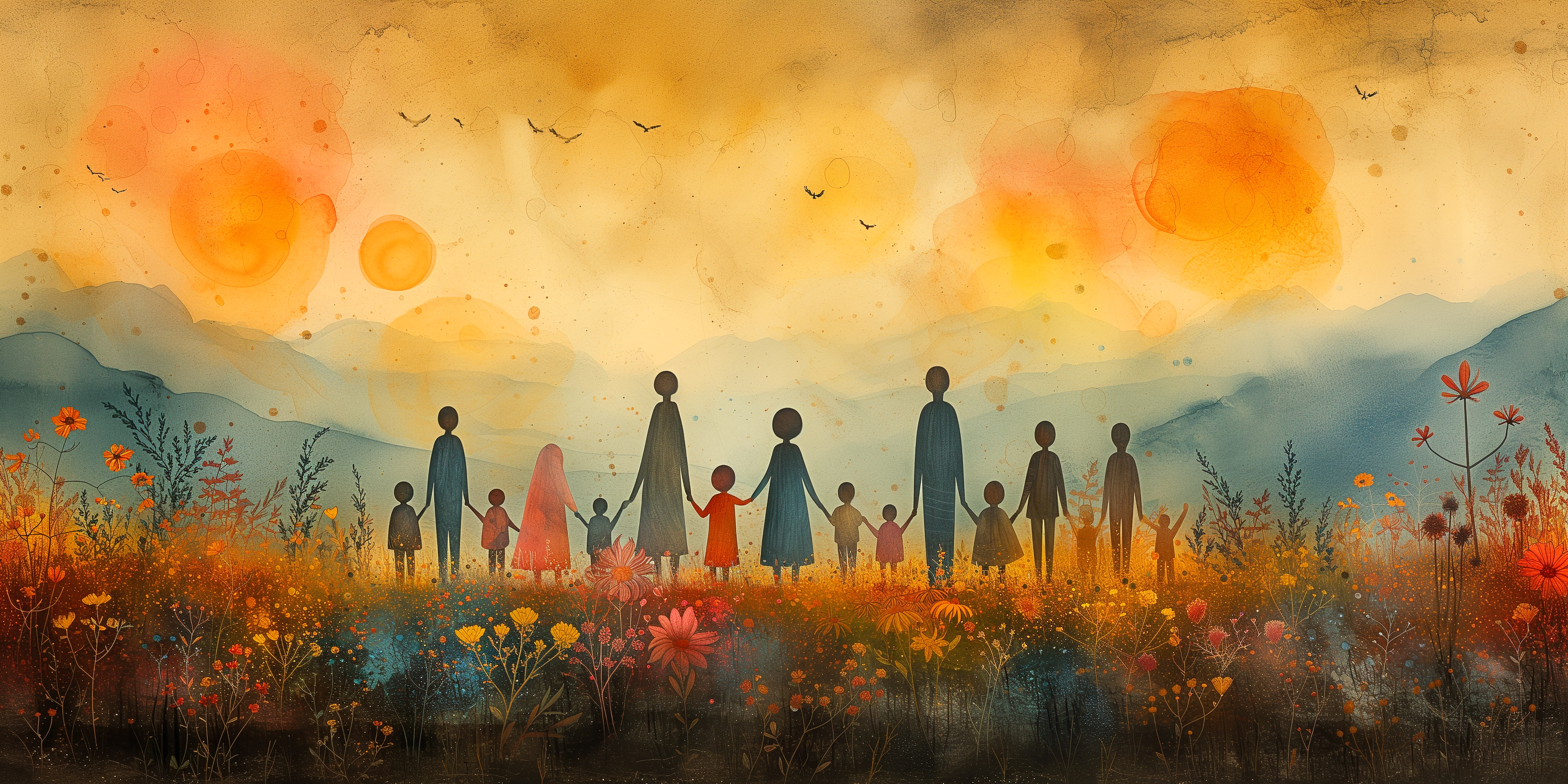 Graphic of people holding hands looking into the sunset