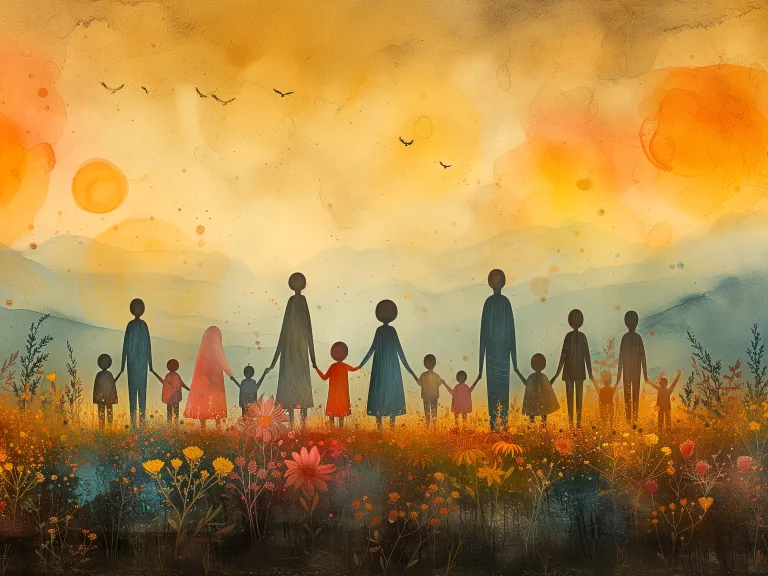 Graphic of people holding hands looking into the sunset