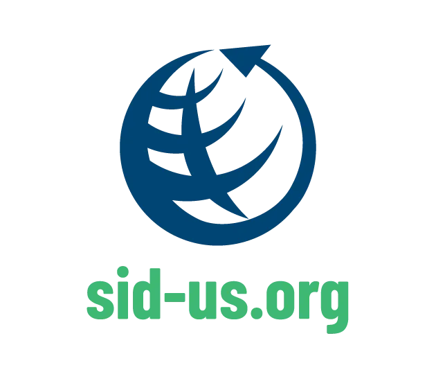 SID-US Short Vertical Logo- Three cross-hatches and an arrow encircling them to create a globe in navy above the text "sid-us.org" in green