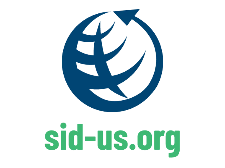 SID-US Logo: Navy globe consisting of an arrow pointing counter clockwise with three curved horizontal lines bisected by one curved vertical line over green text "sid-us.org"