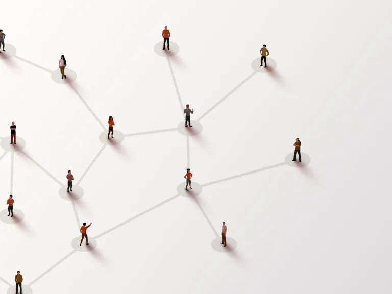 Icons of individual people connected by branching lines on a white background