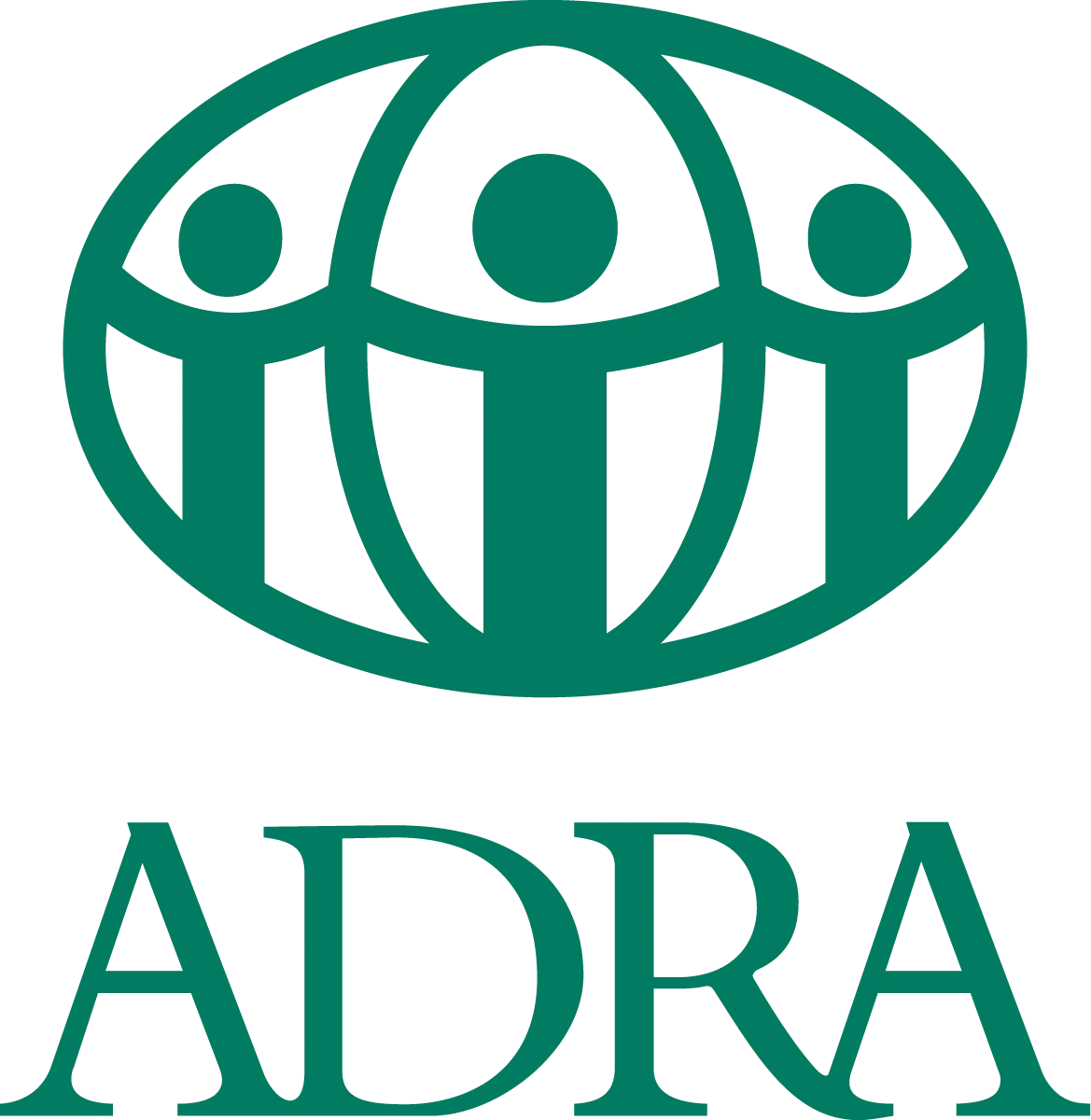 ADRA written in green text, with a green globe that has three icons of people holding hands