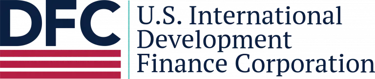 The letters "DFC" in blue and underneath it three horizontal red stripes. To it's right the words "US International Development Finance Corporation"