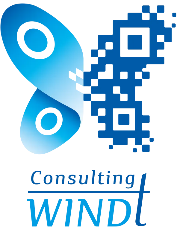 A digital blue butterfly and underneath it the words "Consulting WINDT" in blue.