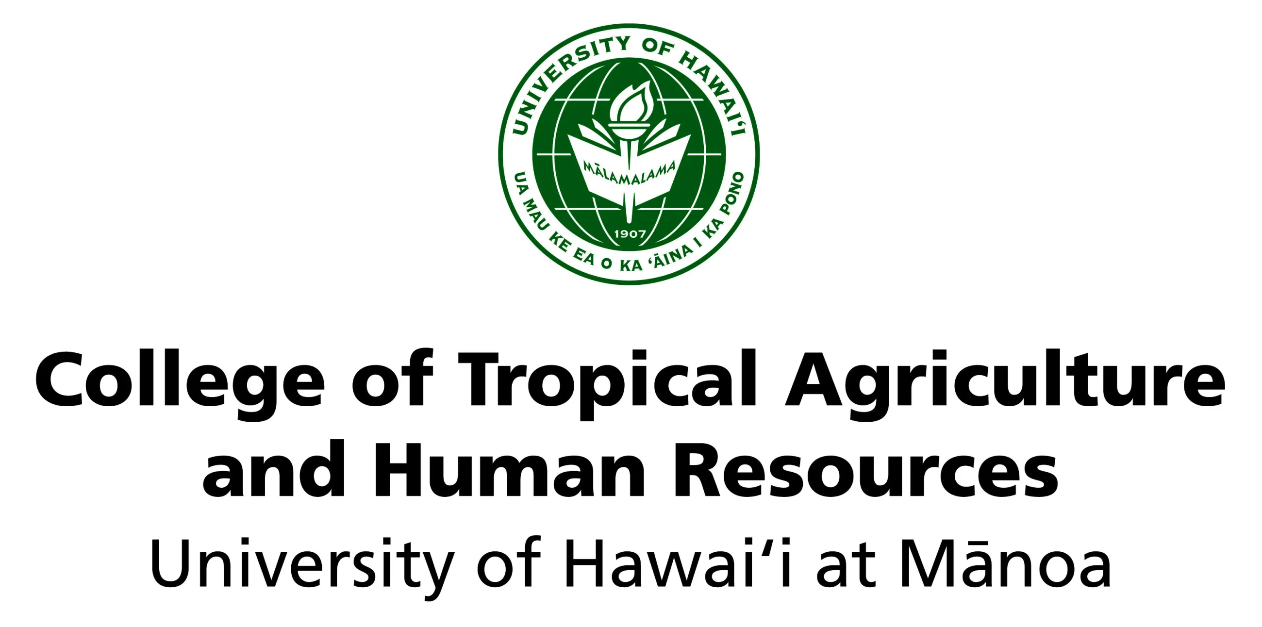 A green and white badge and underneath it the words "College of Tropical Agricultral and Human Resources University of Hawaii at Minoa"